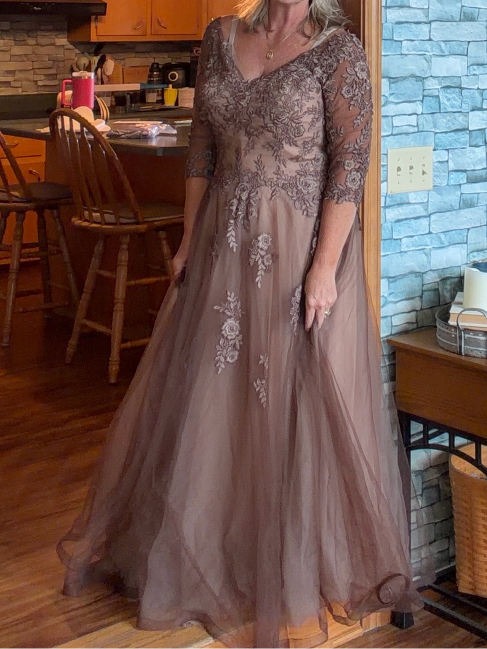 La Femme Copper Brown Embroidered Tulle Evening Gown